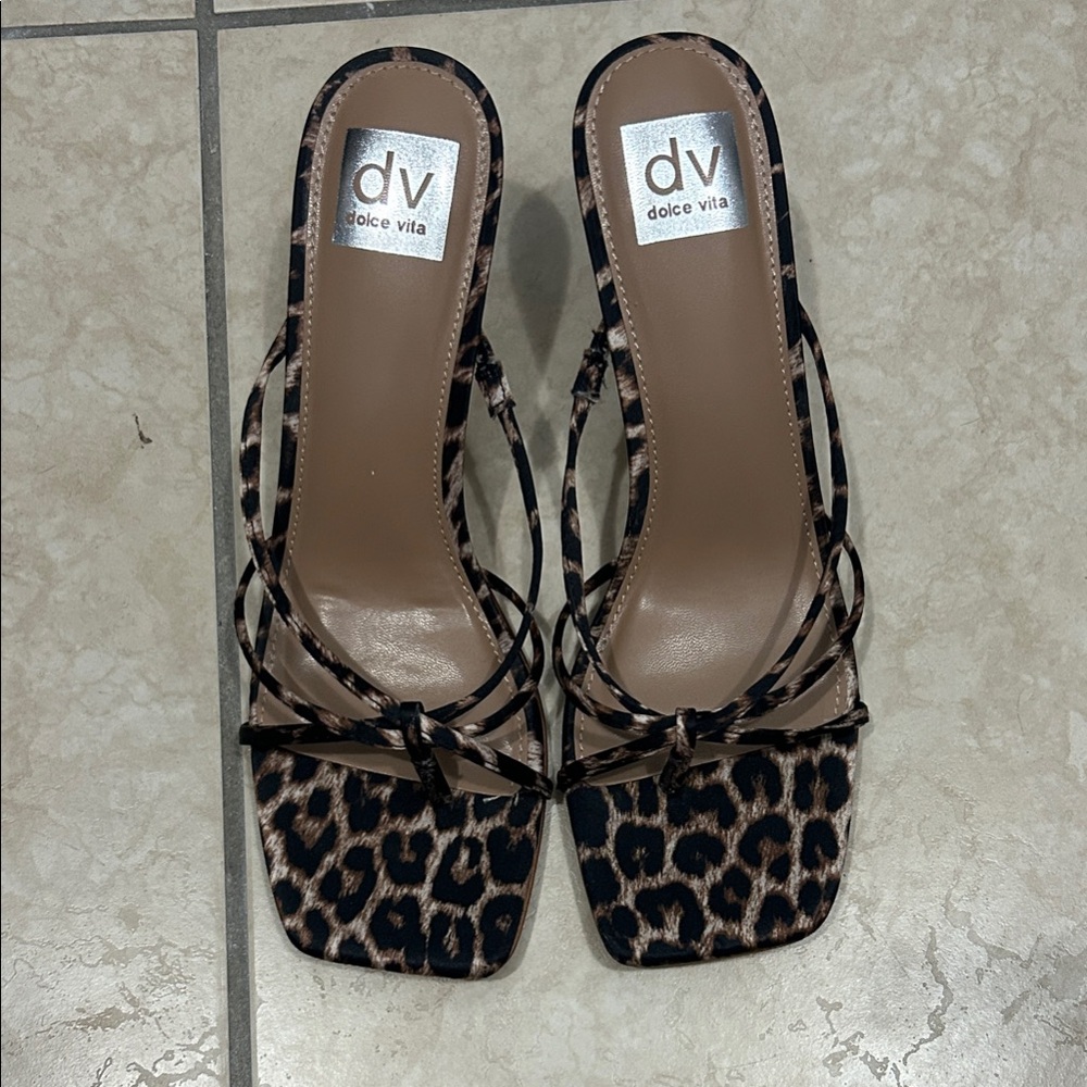 Dolce Vita Leopard-Print Strappy Slide Heels in Brown & Black